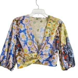 Zara Printed Top Womens Small Multicolor Floral Cropped Knot Puff Sleeve Boho